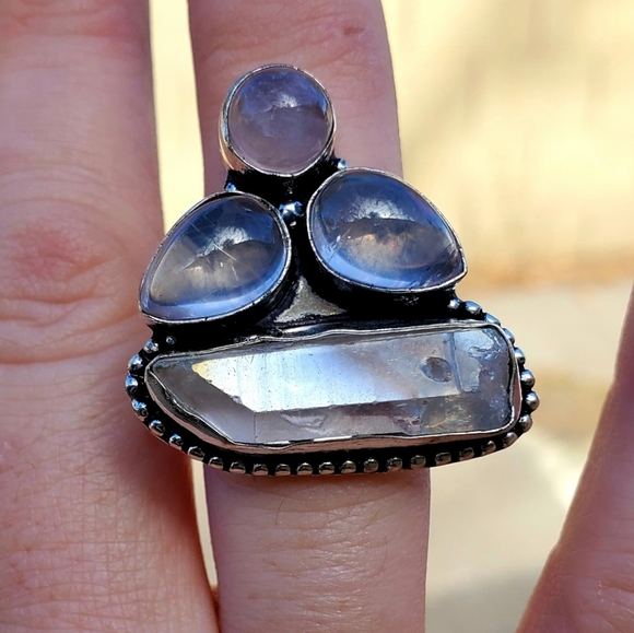 New Rose Quartz & Aura Quartz Crystal 925 Silver Ring. - Picture 13 of 13